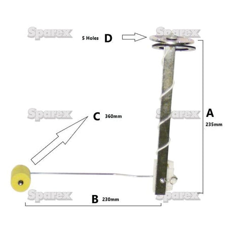 Vertical metal rod with a yellow float attached to a horizontal arm. It features measurement labels of 235mm (A), 230mm (B), and 360mm (C), with 5 marked holes (D). The image includes branding watermarks from Sparex and Ford New Holland. Ideal as a Fuel Sender Unit replacement part, specifically the Sparex Part No.S.58795 from the Sparex brand.