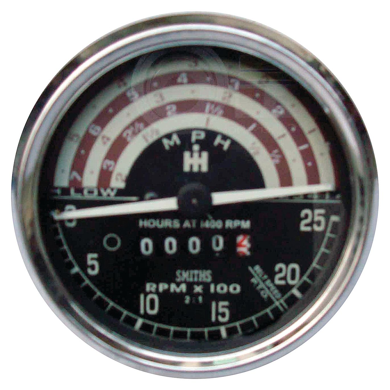 Close-up of a vintage Sparex tachometer (MPH), Sparex Part No.S.58796, featuring a black face with white markings and a maximum reading of 25. The gauge includes sections for low, medium, and high RPMs, along with a counter at the bottom.