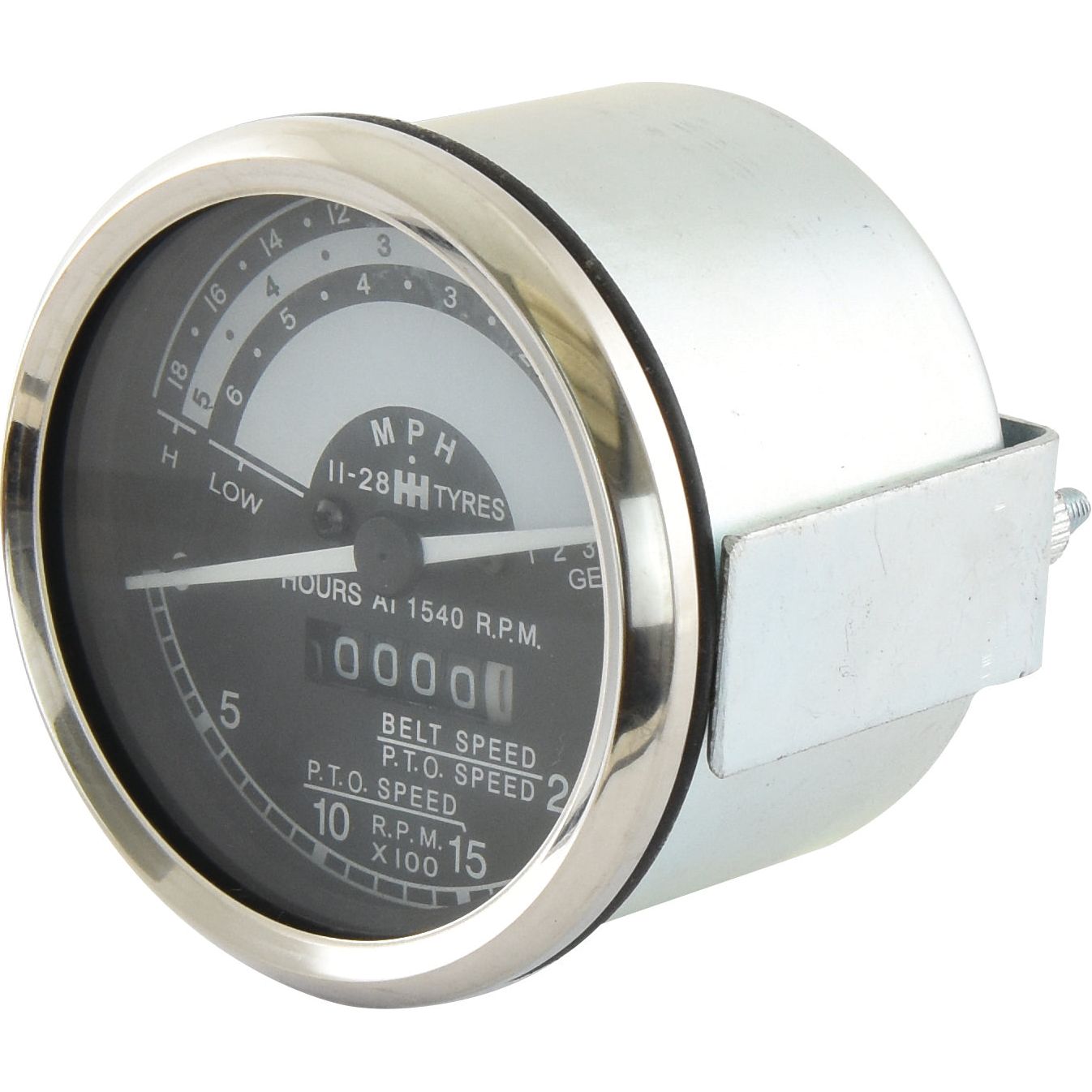 The Sparex Tachometer (KPH) with Part No. S.58797 features a cylindrical design with a metal casing and glass front, accurately displaying measurements for KPH, hours at RPM, belt speed, PTO speed, and total PTO RPM. This precision instrument is fully compatible with Sparex parts and fits models such as Case IH and International Harvester seamlessly.