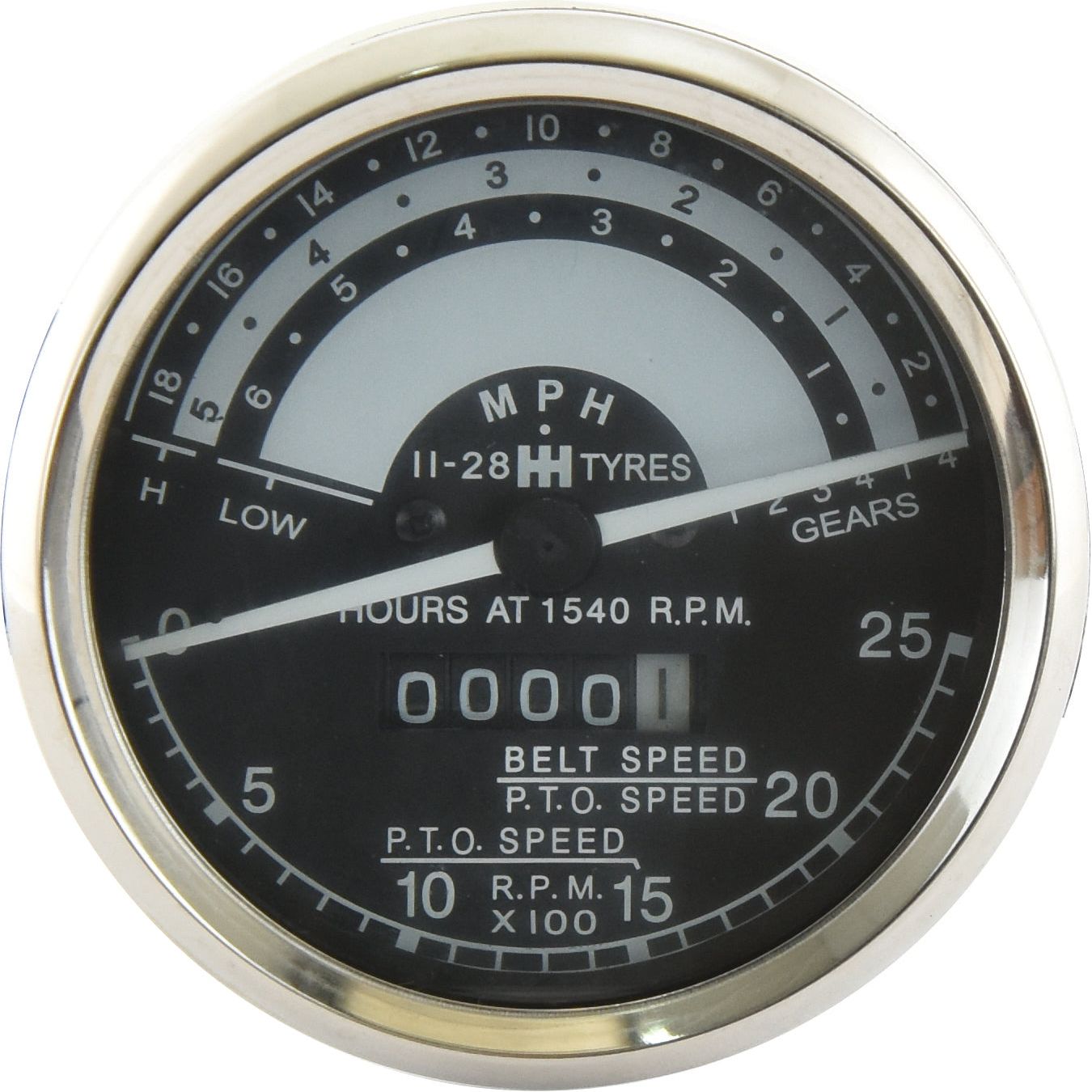 The Sparex Tachometer (KPH), Part No. S.58797, is a black and white analog gauge designed for International Harvester models, providing readings for miles per hour, hours at 1540 RPM, and belt/PTO speed. The gauge indicates 0 hours and 0.001 miles per hour.