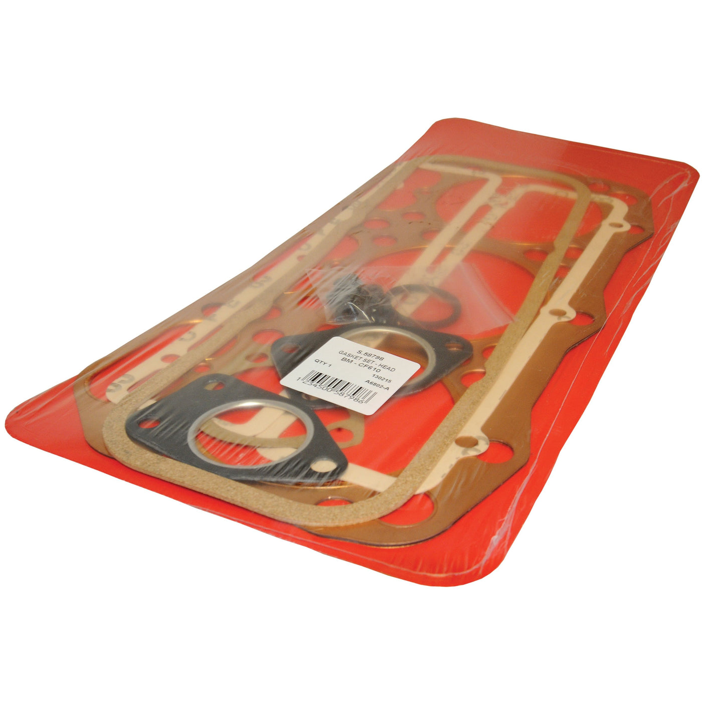 A packaged Sparex Top Gasket Set (BM1113, BM1113-A) | Sparex Part No. S.58798 includes an assortment of gasket seals in various shapes and sizes, neatly arranged on a red holder and wrapped in plastic. Ideal for Volvo models BM1113 and beyond.