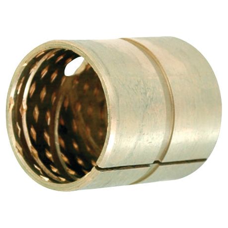 A cylindrical metallic bushing with a perforated inner surface and two exterior grooves, designed for the John Deere Front Axle, known as the Spindle Bush | Sparex Part No.S.58812 by Sparex.