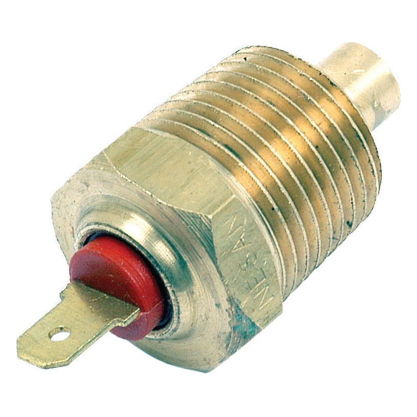 The Water Temperature Switch (Sparex Part No. S.58814) by Sparex is a brass threaded sensor with an attached electrical terminal, featuring a hexagonal section near the base and a small insulated red part. Ideal for John Deere machinery, it ensures reliable performance and is available through Sparex.