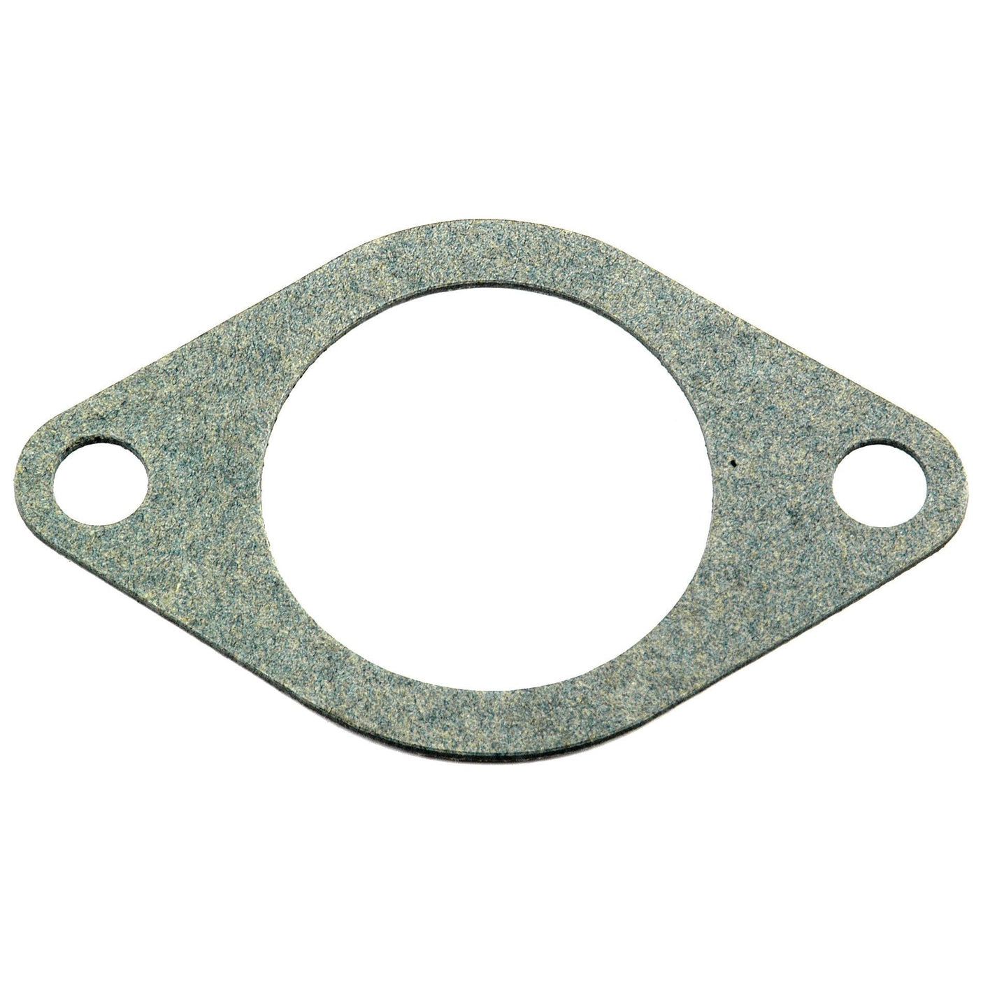 The Sparex Thermostat Gasket (Part No. S.58816) is a flat, circular gasket with two bolt holes on either side, made from what appears to be a grey, textured material—ideal for use in John Deere thermostat assemblies.