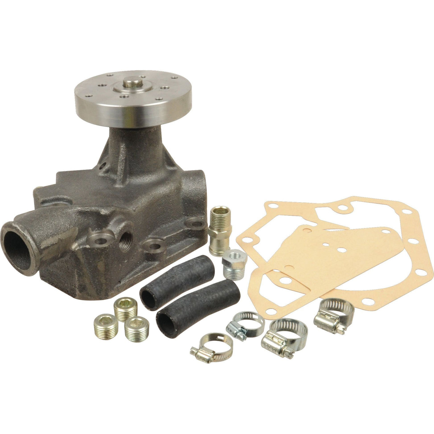 A Water Pump Assembly - S.58819 by Sparex, including the main pump, impeller, gaskets, hoses, clamps, and small metal fittings all neatly arranged on a white background.