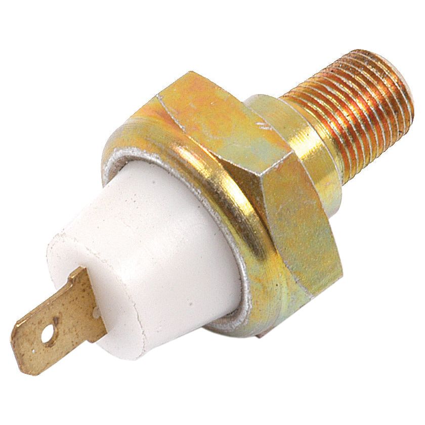 Close-up of a metallic automotive oil pressure sensor with a threaded base and a flat metal connector, similar to the Oil Pressure Switch | Sparex Part No. S.58821 from Sparex, commonly used in John Deere equipment.