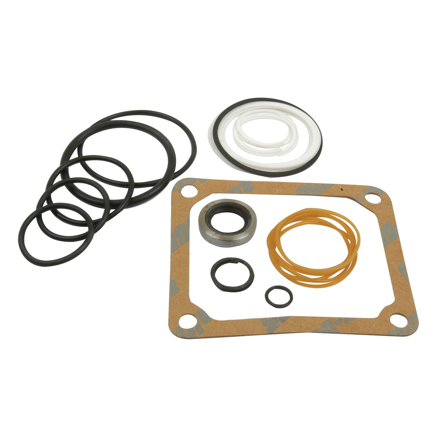 A collection of assorted rubber gaskets and seals, including O-rings and a rectangular gasket, from the Steering Cylinder Repair Kit (Sparex Part No.S.58836) by Sparex for John Deere tractors, laid out on a white background.