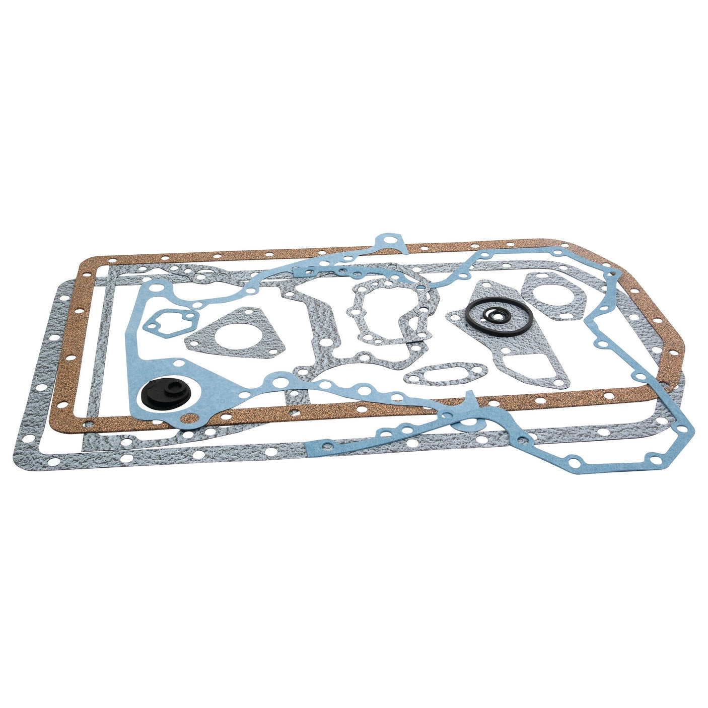 A variety of automobile gaskets and seals, including rectangular, circular, and irregular shapes, neatly arranged on a plain background—perfect for anyone in need of the high-quality Sparex Bottom Gasket Set - 4 Cyl. (4.219D, 4.239D, 4.239T, 4.039D, 4.039T), available as Sparex Part No.S.58849.