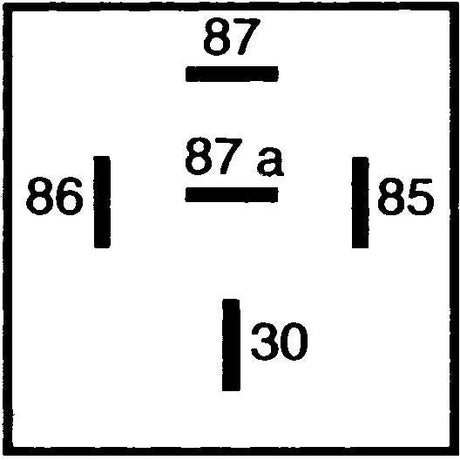 A square image contains the numbers 87, 86, 85, and 30 placed at the top, left, right, and bottom respectively, with '87a' placed slightly below the center. This configuration is often found in Sparex's Relay system rated for 12V 40 Amps (Sparex Part No. S.58853).