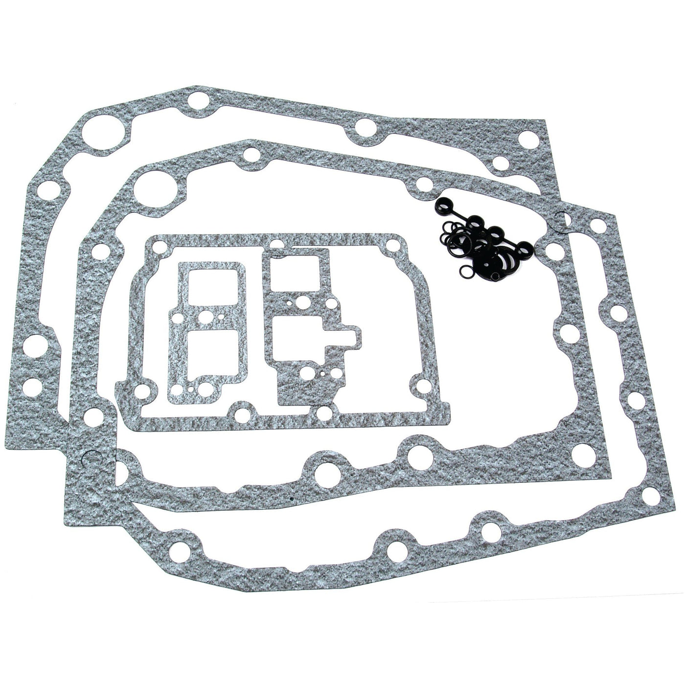 A selection of gray gaskets and black O-rings arranged on a white surface, perfect for your Gasket Set needs. Ideal for John Deere transmission maintenance, this Transmission Gasket Set | Sparex Part No.S.58863 from Sparex is essential.