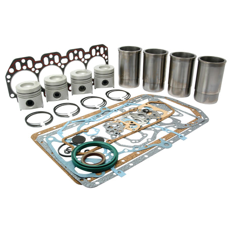 A collection of engine parts, including pistons, cylinders, gaskets, and various seals arranged on a white background, perfect for the Sparex Engine Overhaul Kit without Valve Train (Finished) - S.58875.