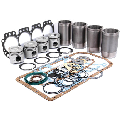 An assortment of Sparex S.58876 engine parts, including pistons, cylinders, gaskets, and seals from the Engine Overhaul Kit without Valve Train (Finished), are arranged neatly on a white background.