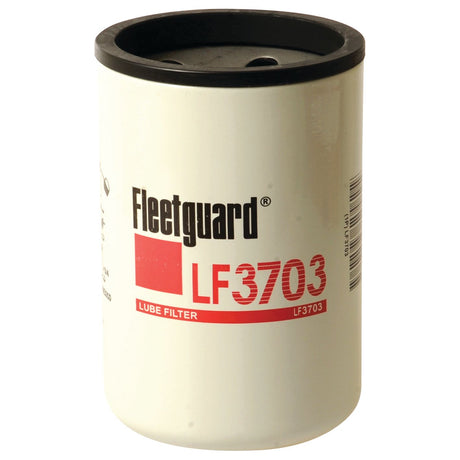 A Sparex Oil Filter - Spin On - LF3703 (Sparex Part No. S.58882) featuring a white cylindrical body, black top, and red and black text, is perfect for John Deere machinery.