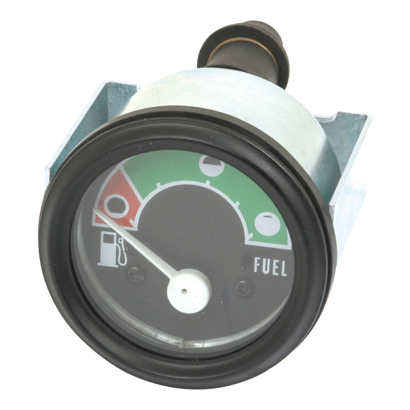 Close-up of a Sparex Fuel Gauge - 12V (Sparex Part No.S.58886) on a John Deere, showing the needle pointing to the empty mark, indicating the fuel tank is empty.