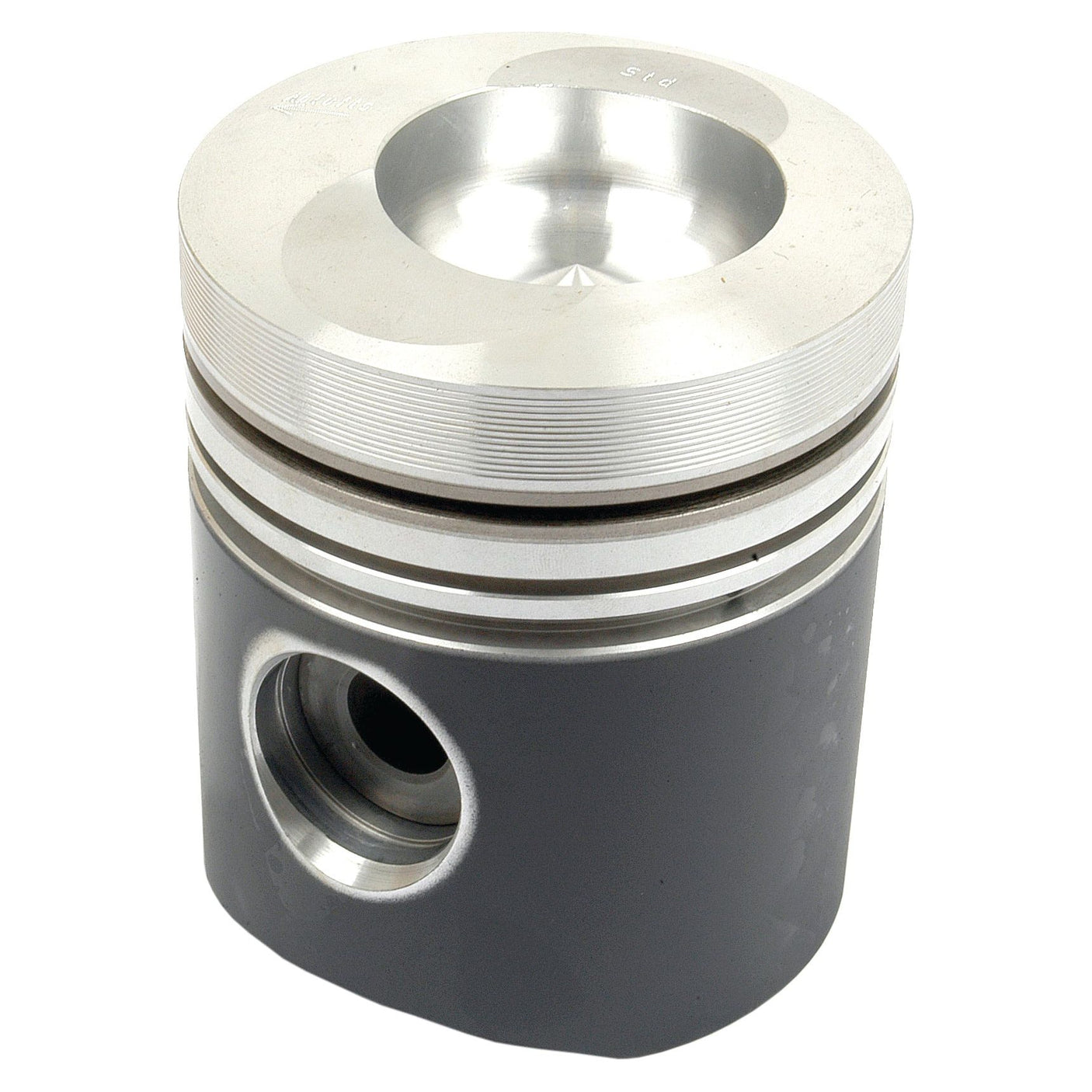 The Sparex Piston (Standard) - S.58899 is a silver and grey metal piston that features grooved rings, a central cavity for combustion, and a precise compression height designed for optimal performance.