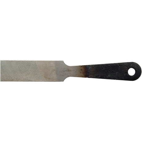 An image of the FILE (S.5856 REAPER) AGRIPAK by Sparex, featuring a smooth, rectangular blade and a dark, worn handle with a hole near its end (Sparex Part No.S.5889).