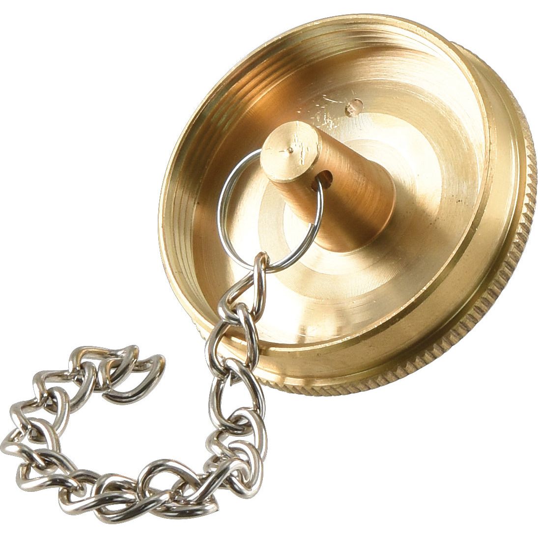 A Fuel Cap - S.58926 by Sparex, featuring a brass threaded drain plug with a metal chain attached to a circular loop.