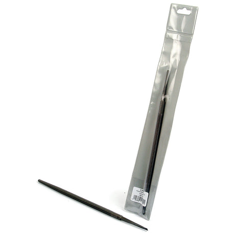 A 10-inch thin metal FILE (S.5859 ROUND) AGRIPAK by Sparex lays horizontally next to its transparent plastic packaging, ready for precise work.