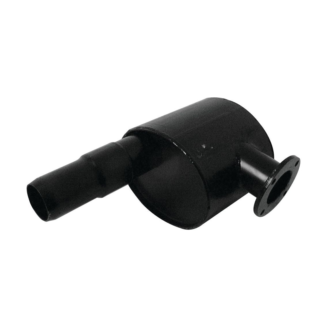 Introducing the Silencer - Underhood - S.58936 from Sparex: a black cylindrical exhaust muffler with an attached nozzle, featuring a 58mm fitting and a side flange connection. This product is enhanced with heat-resistant paint for added durability.