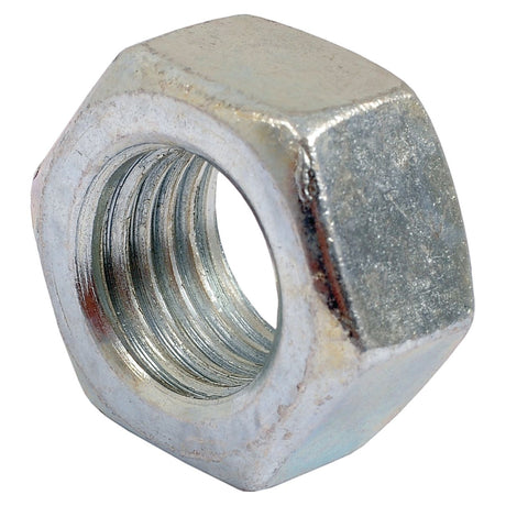 The Sparex Metric Hexagon Nut, M16x2.00mm (DIN 934) Metric Coarse (Part No. S.5893) is a metallic hexagonal nut with internal threading, primarily used with a bolt to secure materials together. This zinc-plated nut provides durability and resistance to corrosion.
