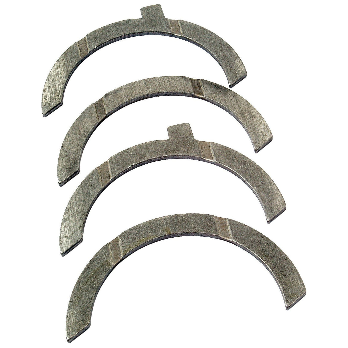 Four semi-circular metal thrust washers, each measuring 0.25mm, form the Sparex Thrust Bearings Set +0.25mm (Sparex Part No.S.58946) arranged in a staggered pattern.
