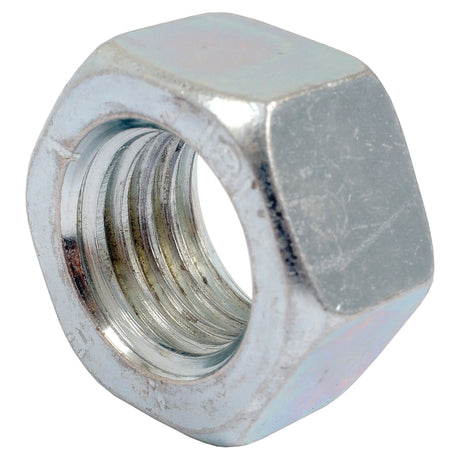 Close-up of a shiny Sparex Metric Hexagon Nut, M18x2.50mm (DIN 934) Metric Coarse, Sparex Part No.S.5894, with visible internal threading and zinc plating for durability.