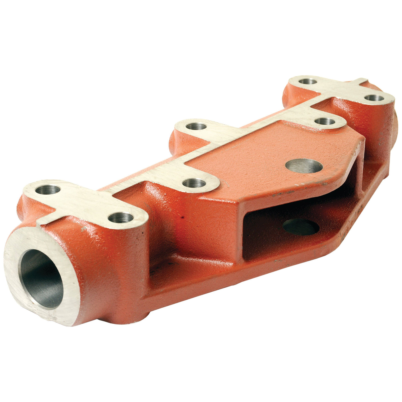 The Sparex Hydraulic Cross Shaft Support (Part No. S.58952) is a red and silver metal mechanical component featuring several bolt holes and a cylindrical opening on one end, making it ideal for use in Fiat or Case IH machinery.