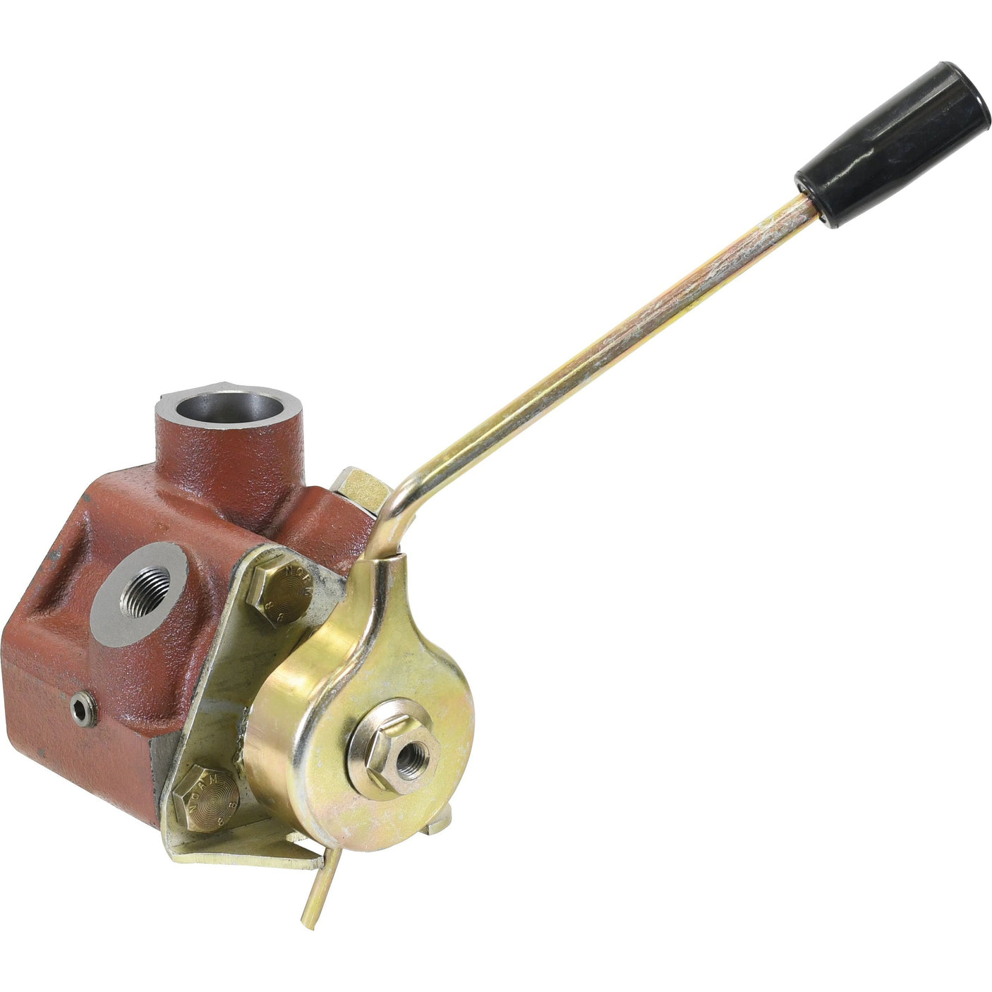 The Sparex Remote Control Assembly with Cable (Sparex Part No. S.58957) by Sparex is a metal lever control valve featuring a red housing, black handle, multiple connection points, and a brass-colored mechanism, making it ideal for use in Universal Tractors.