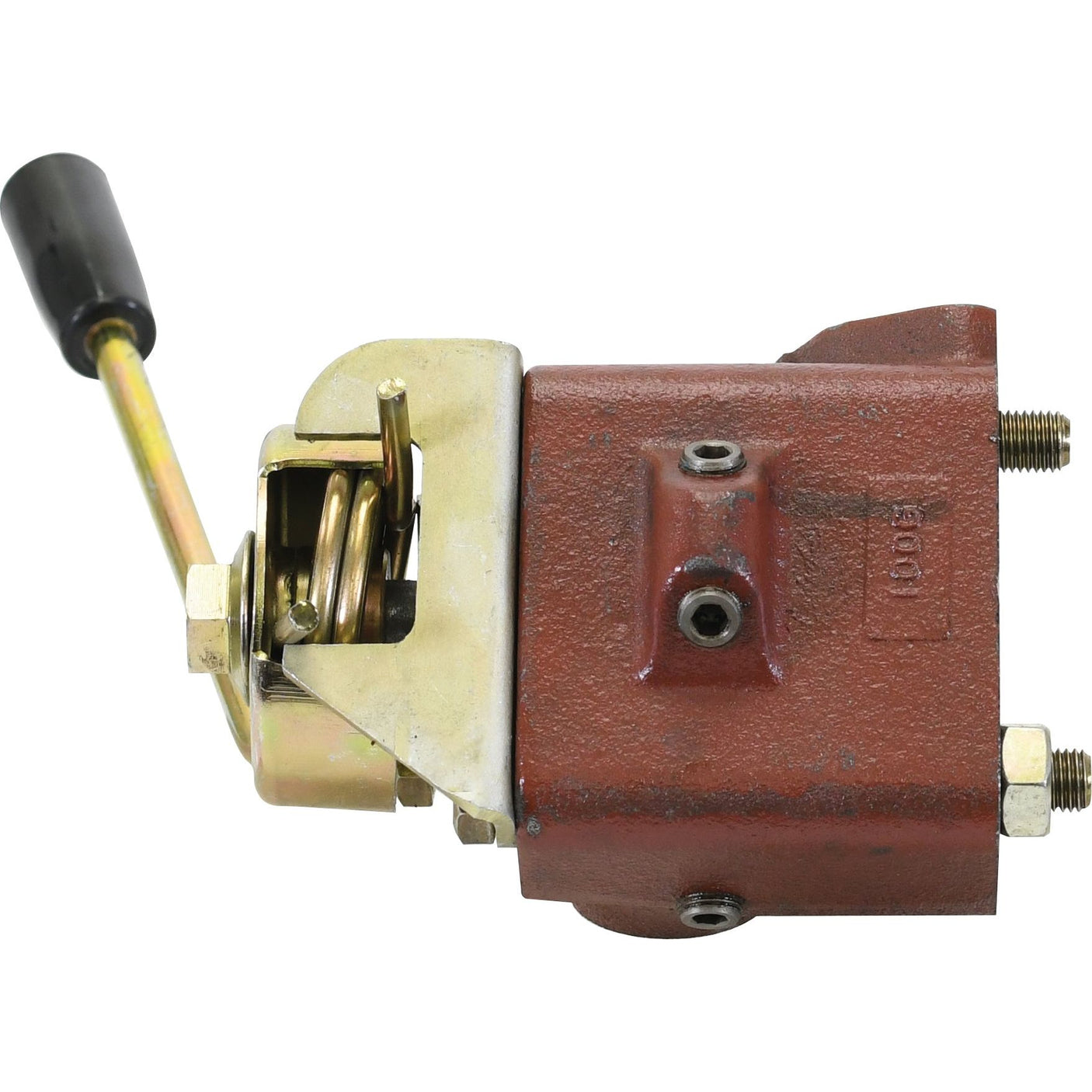 The Sparex Remote Control Assembly with Cable (Sparex Part No. S.58957) is a hand-operated lever control valve featuring a robust, red-painted metal casing, adjustable levers, and screws for mounting or adjusting, making it perfectly compatible with Universal Tractors.