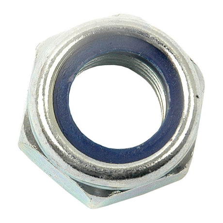 Close-up of a Sparex Metric Self Locking Nut, M16x2.00mm (DIN 985) Metric Coarse with a blue nylon insert. Sparex Part No.S.5896.