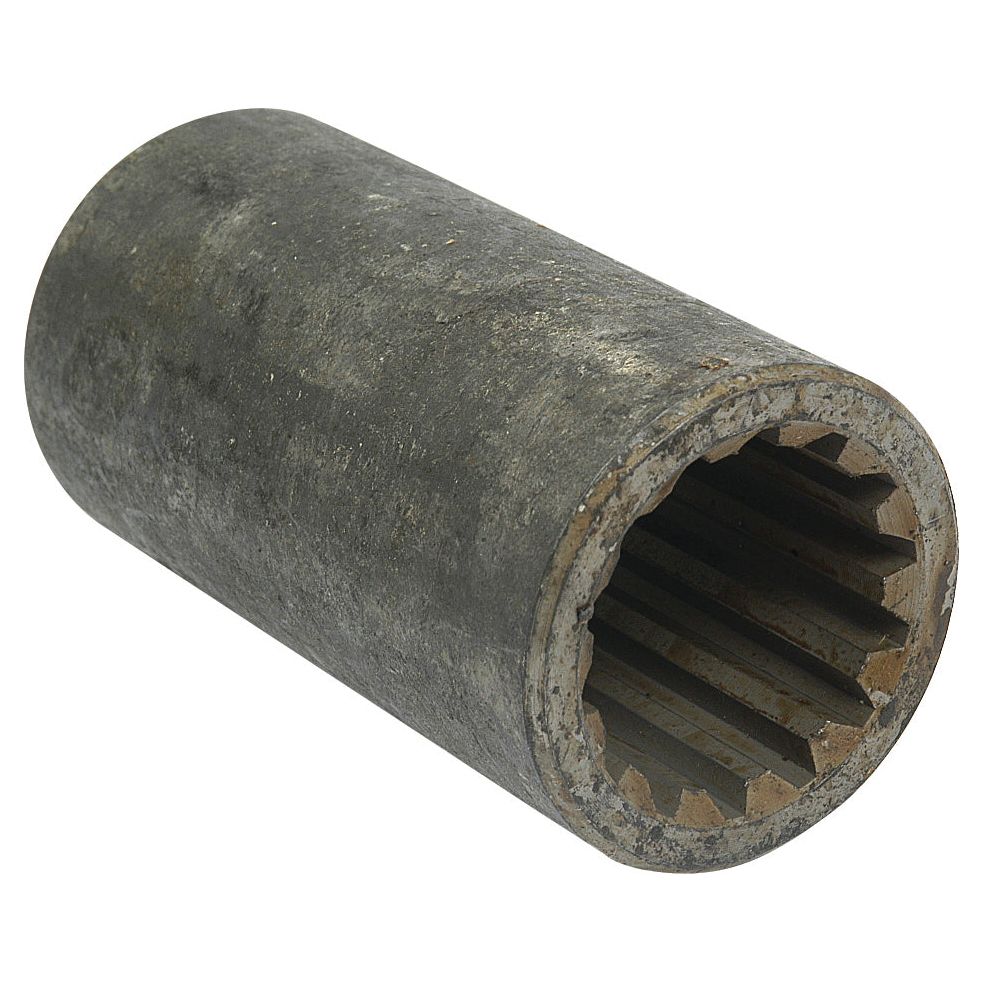 The Sparex Drive Train Coupling (Part No. S.58972) is a cylindrical metal part with internal spline grooves, ideal for New Holland and Case IH mechanical applications.