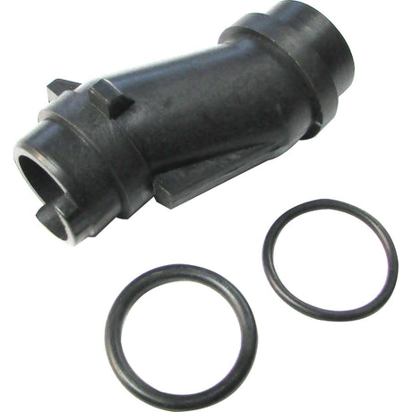 A cylindrical black plastic component with two black O-rings placed beside it, reminiscent of the Sparex Water Pump Adapter Kit - S.58980.