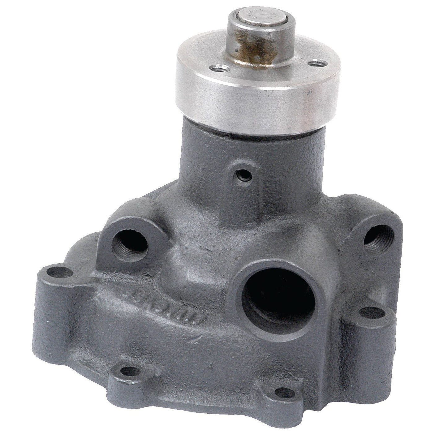 Image of the Sparex Water Pump Assembly - S.59000, a metal automotive component with multiple mounting points, featuring a single groove and an offset by-pass hole near the cylindrical section at the top.