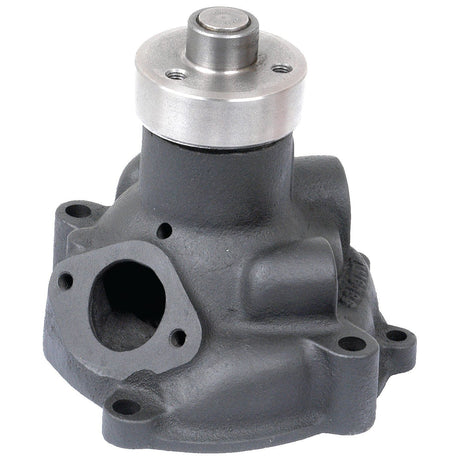 The Water Pump Assembly - S.59000 from Sparex is a metal automotive water pump housing that features multiple mounting points, a central cylindrical component on top, and an off-set by-pass hole.