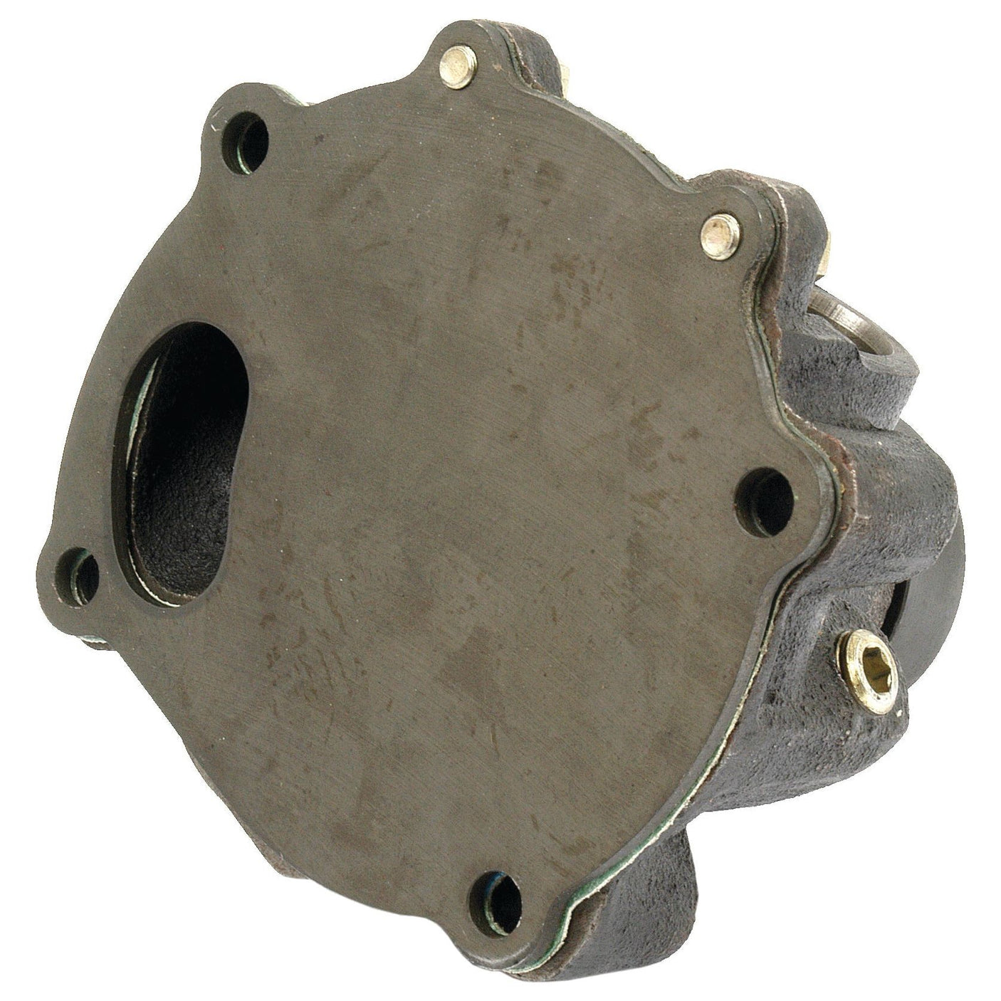 Introducing the Water Pump Assembly - S.59000 by Sparex: a metallic, irregularly shaped mechanical component featuring a single groove, multiple screw holes along the edge, and an offset bypass hole for versatile applications.