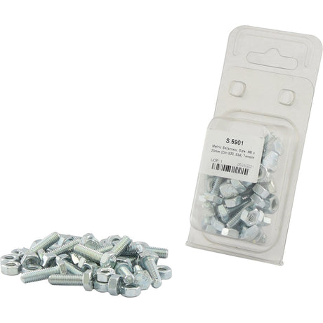 A group of silver bolts and nuts, including Sparex M6x20mm Metric Setscrews (Part No. S.5901) with 8.8 tensile strength, lie on a surface next to a labelled, partially transparent plastic packaging containing more zinc-plated bolts and nuts.