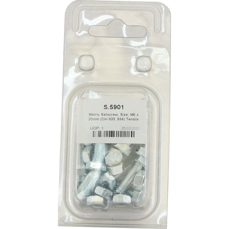 A sealed plastic package contains multiple zinc-plated Sparex metric setscrews. The label indicates the size as M6 x 20mm, meeting standards DIN 933 and DIN 934, and is dated 06/03/2021. These setscrews have a tensile strength of 8.8 and are identified by Sparex Part No. S.5901.