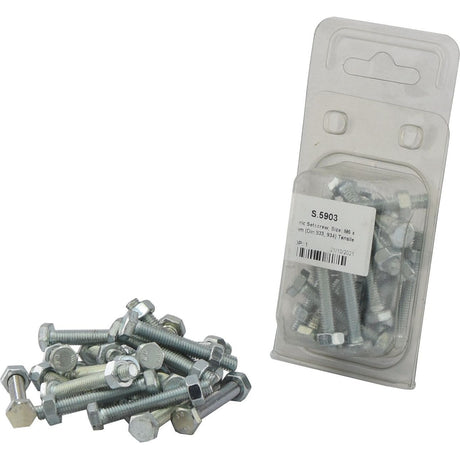 A pile of hex bolts and nuts is next to a clear plastic package containing additional Sparex Metric Setscrews, M6x40mm (DIN 933, DIN 934) with a tensile strength of 8.8, labeled "S.5903.