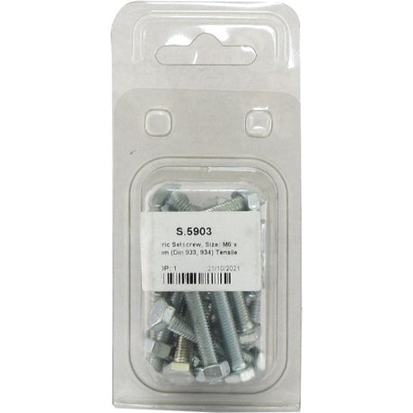 A sealed plastic package containing several zinc-plated screws, labeled "Sparex Metric Setscrew, Size: M6 x 40mm (DIN 933, DIN 934) Tensile strength: 8.8," Part No. S.5903.