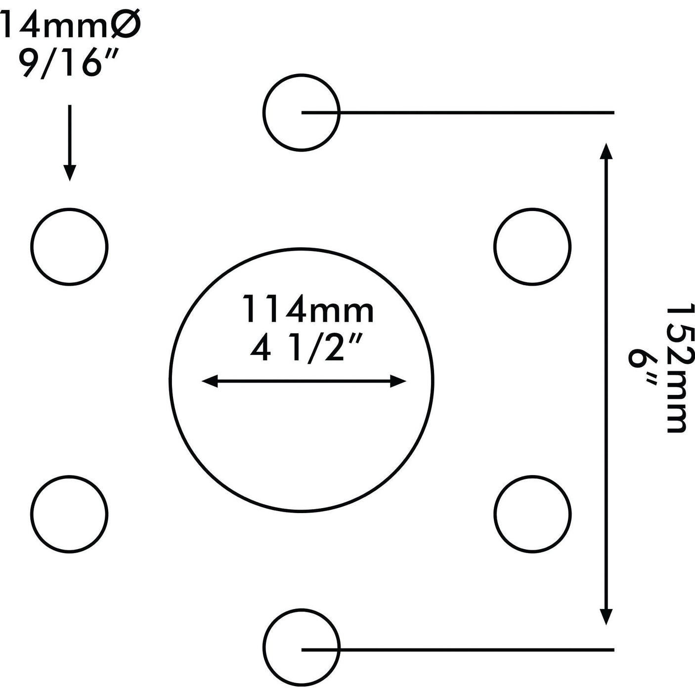 Diagram showing a Sparex Wheel Rim (Product #: S.59043) with a rim size of 4 x 16'', featuring a central bore diameter of 114mm (4 1/2”) and four surrounding holes of 14mm (9/16”) diameter. The top two holes are spaced 152mm (6”) apart vertically.