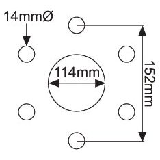 Diagram illustrating the Wheel Rim by Sparex (Product S.59044) in a circular pattern, featuring a bore diameter of 14mm and an offset center-to-center distance of 114mm. The larger circular pattern has a diameter of 152mm.