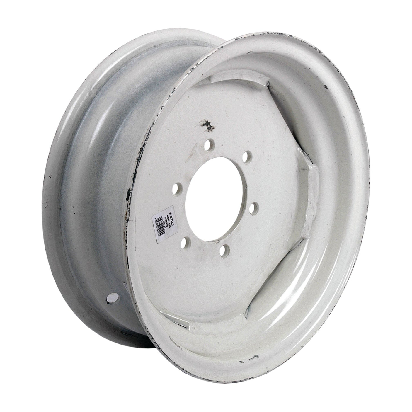 A white, unmounted Sparex wheel rim, model S.59045, with a precise rim size of 5.5 x 16'', featuring a central hole and five smaller holes around it, sits on a pristine white surface.