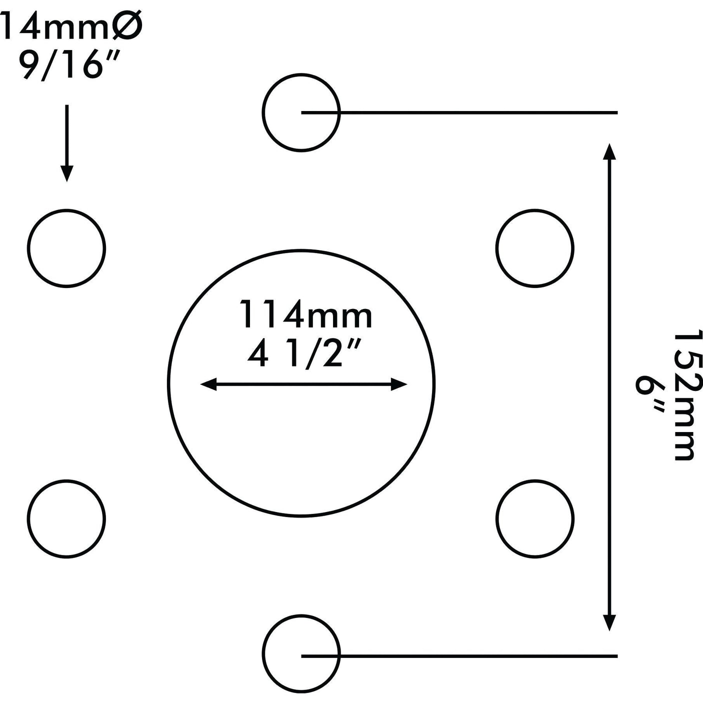 Technical drawing illustrating the bolt pattern with four holes in a square configuration. Main circle diameter: 114mm (4 1/2"). Distance between bolt centers: 152mm (6"). Bolt hole diameter: 14mm (9/16"). Ideal for discussing compatibility of the Sparex Wheel Rim, Rim Size: 5.5 x 16'' - S.59045.