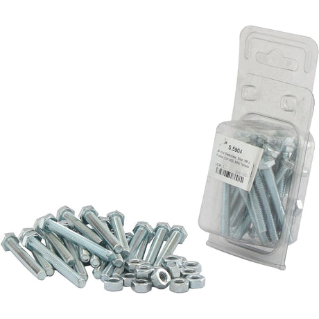 A pile of zinc-plated bolts and nuts is seen next to a sealed plastic package containing similar pieces, labeled with the price and product information, including specifications such as "Metric Setscrew, M6x50mm (DIN 933, DIN 934), Tensile strength: 8.8," under Sparex Part No. S.5904 from the Sparex brand.