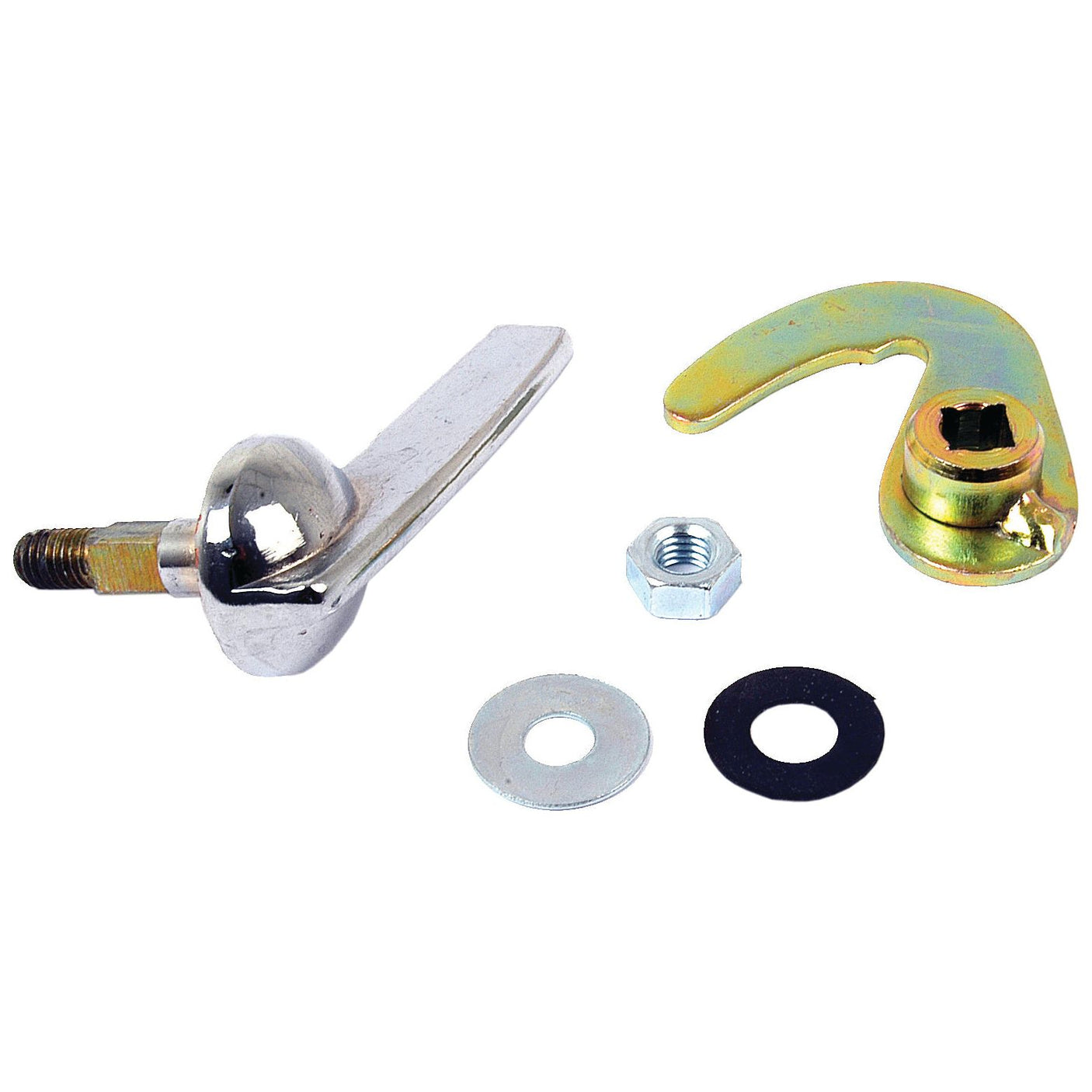 The Bonnet Handle Kit by Sparex (Part No. S.59057) includes a chrome-plated handle, a hook-like cam, a nut, and two washers (one metallic and one black), making it an ideal choice for Fiat models’ bonnet catches or as versatile tractor accessories.