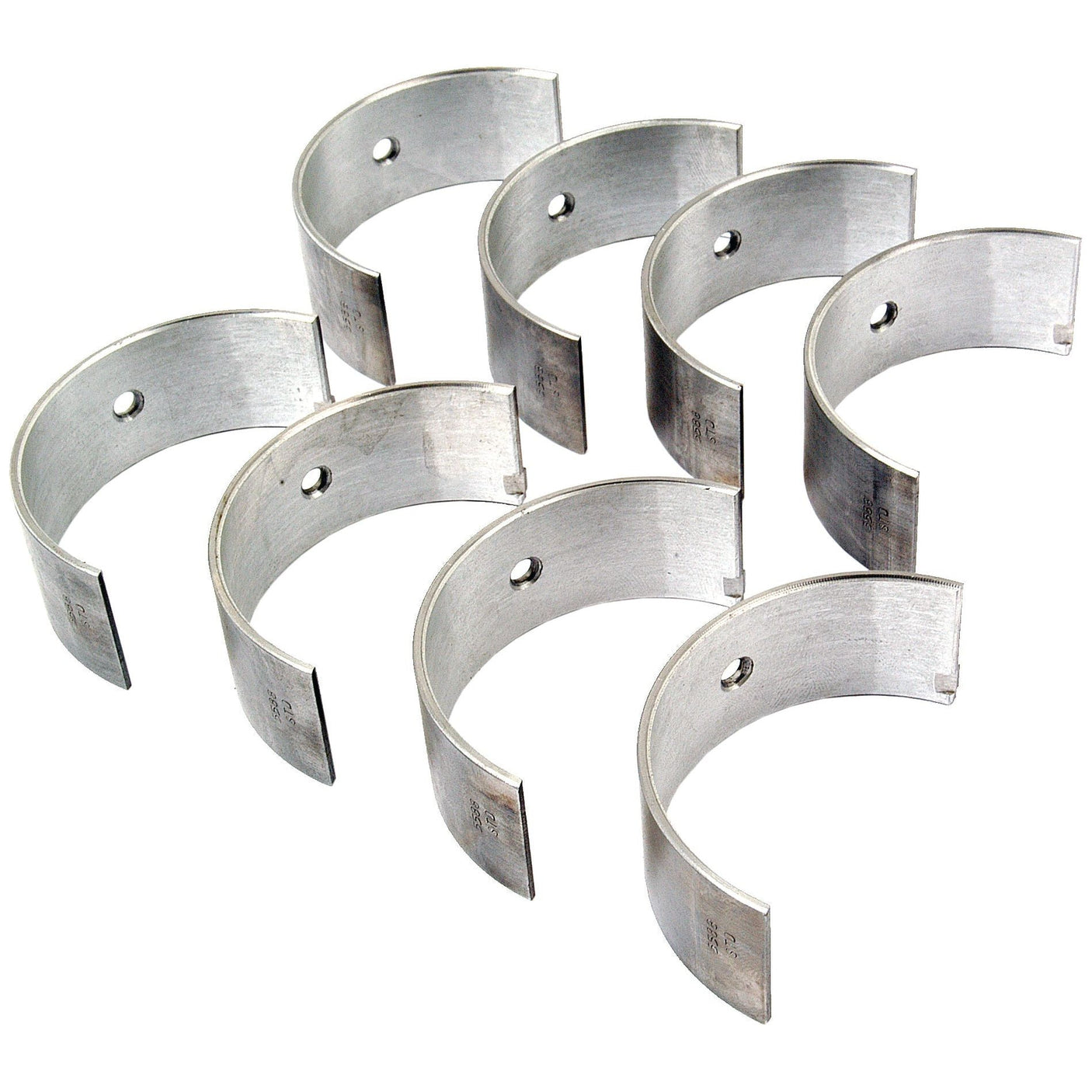 Seven Conrod Bearing Std. Set (Sparex Part No. S.59058), compatible with Sparex and suitable for White Oliver 1250 or Fiat 411R, are arranged in a staggered formation on a white background.