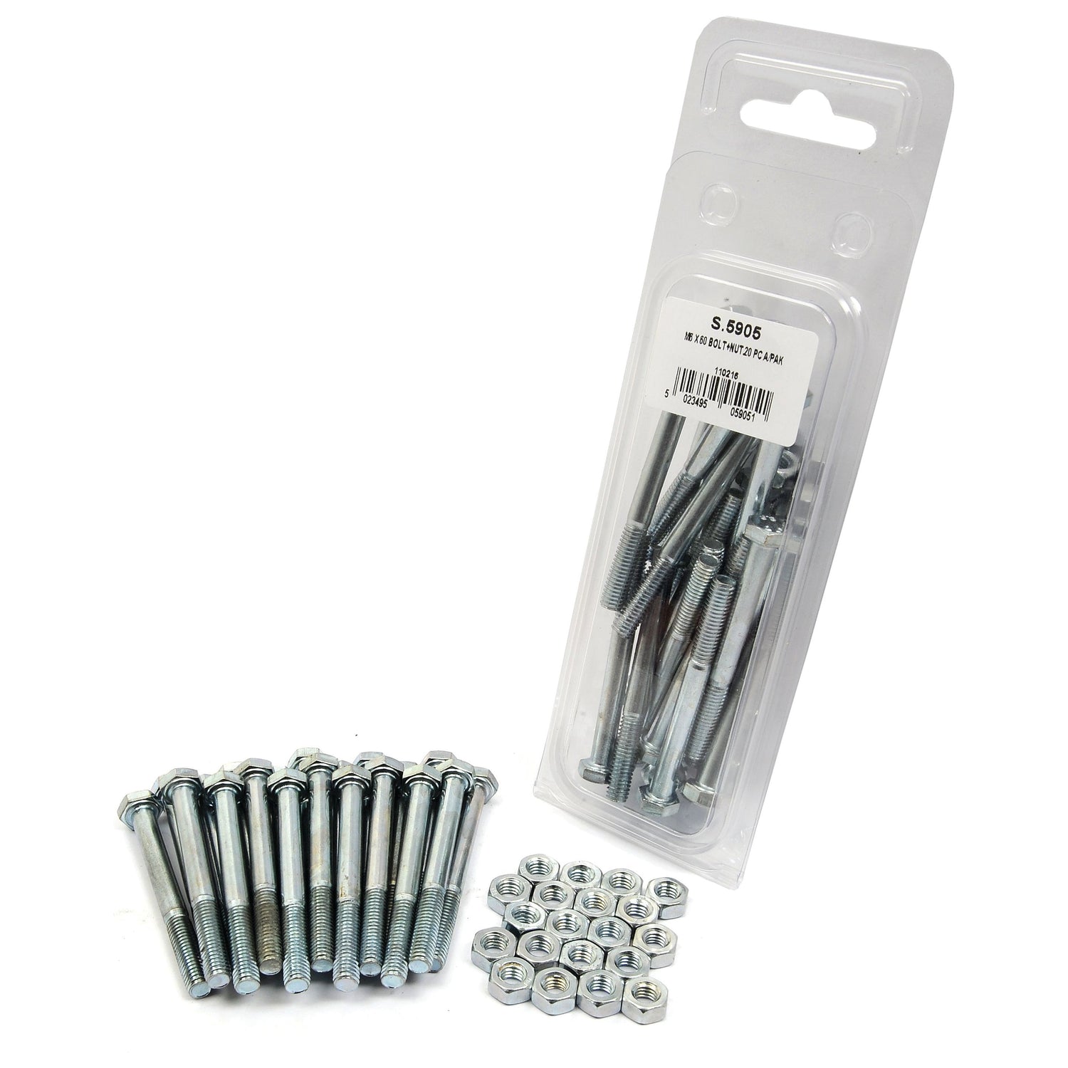 A package of Sparex Metric Bolts, M6x60mm (DIN 931, DIN 934), 20 pcs. Agripak (Sparex Part No. S.5905) next to an array of scattered bolts and nuts.