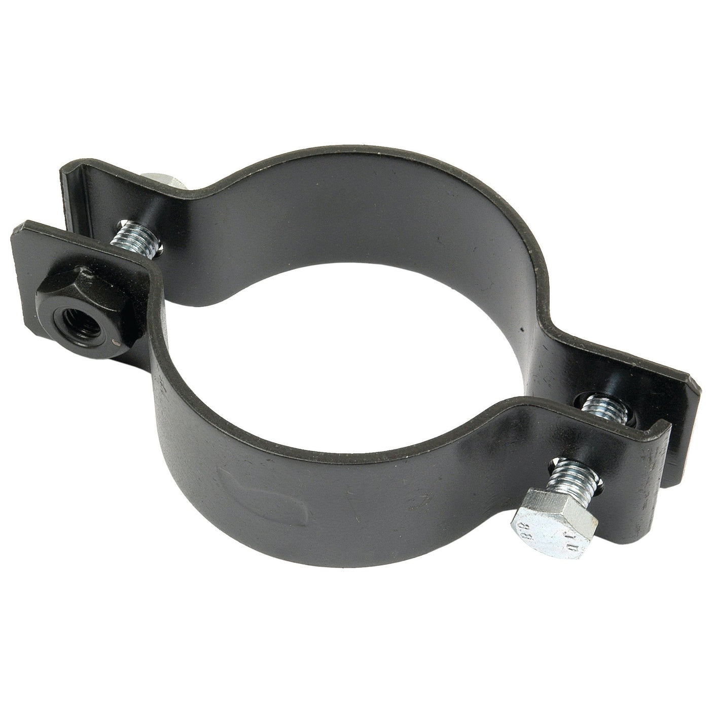 The Silencer Clamp - Ø: 65mm (Sparex Part No. S.59067) from Sparex is a black metal clamp with two bolts and nuts, ideal for Fiat vehicles.