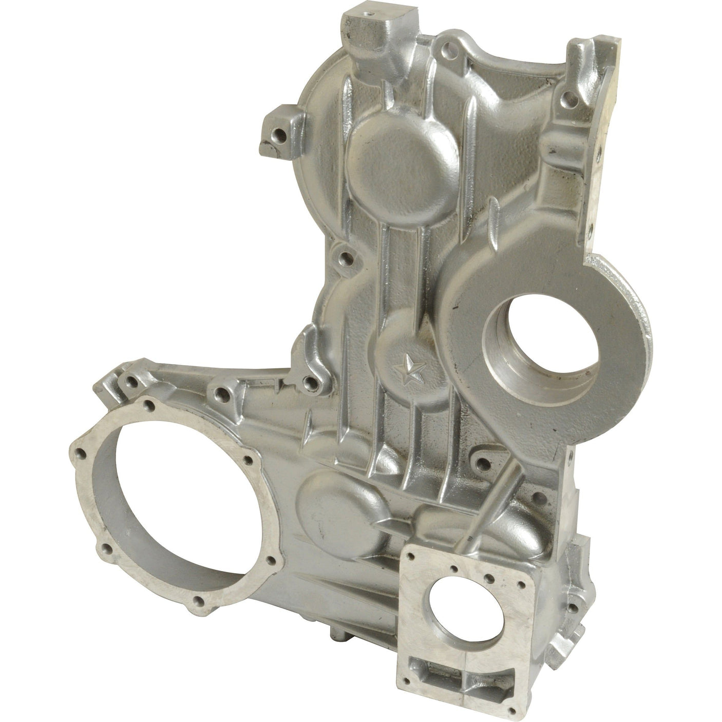 Image of the Sparex Front Engine Cover Outer, Part No. S.59072, featuring a metallic design with several circular openings and protrusions for fitting into an engine system. The silver-finished cover is compatible with Fiat 480 and showcases intricate detailing.