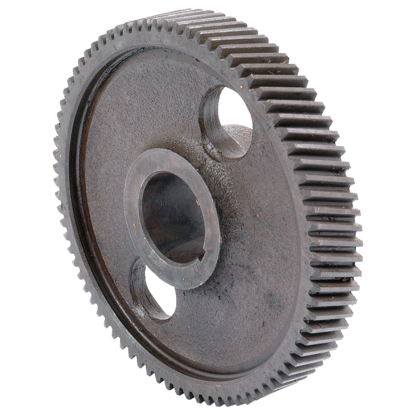 Close-up of a Timing Gear - S.59076 by Sparex, featuring evenly spaced teeth and two additional holes apart from the central one. The circular gear, identified by its tariff code, appears worn or used.